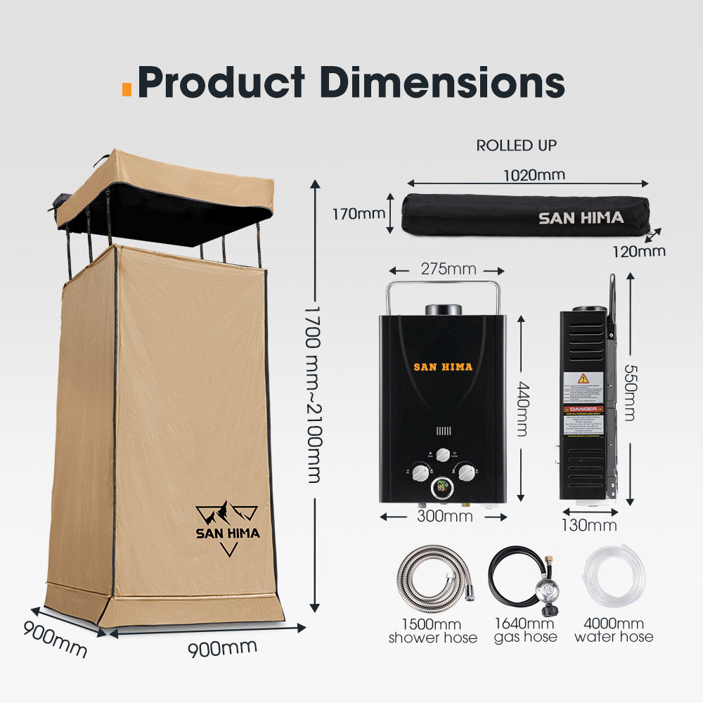 SAN HIMA Camping Shower Tent Awning Instant Fold-Out With 8L Gas Hot Water Heater