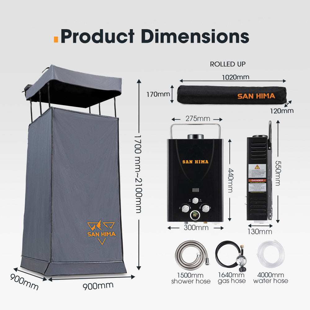 San Hima Camping Shower Tent Awning Fold-Out + Portable 8L Gas Hot