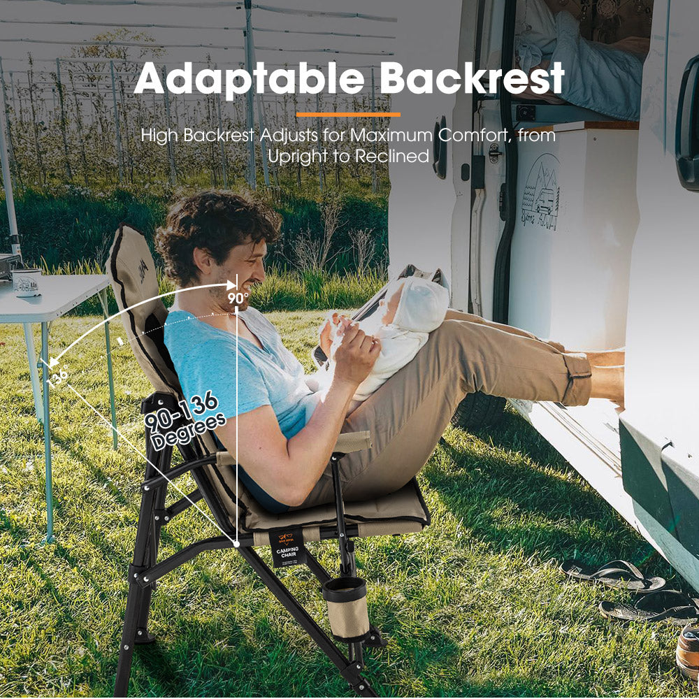 San Hima Folding Camping Chair Portable Outdoor Thick Padding Recliner Khaki