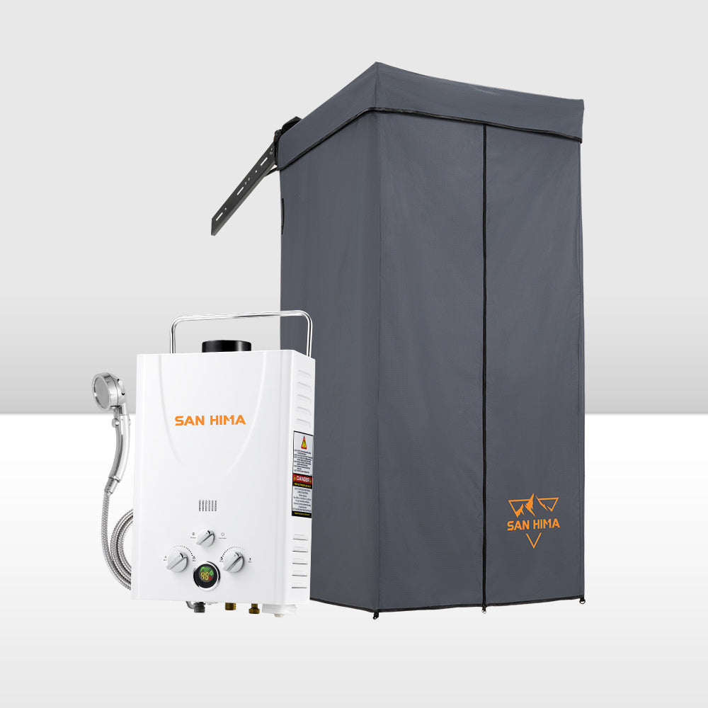 San Hima Shower Awning Tent Instant Fold-Out Ensuite & 8L Gas Hot Water Heater