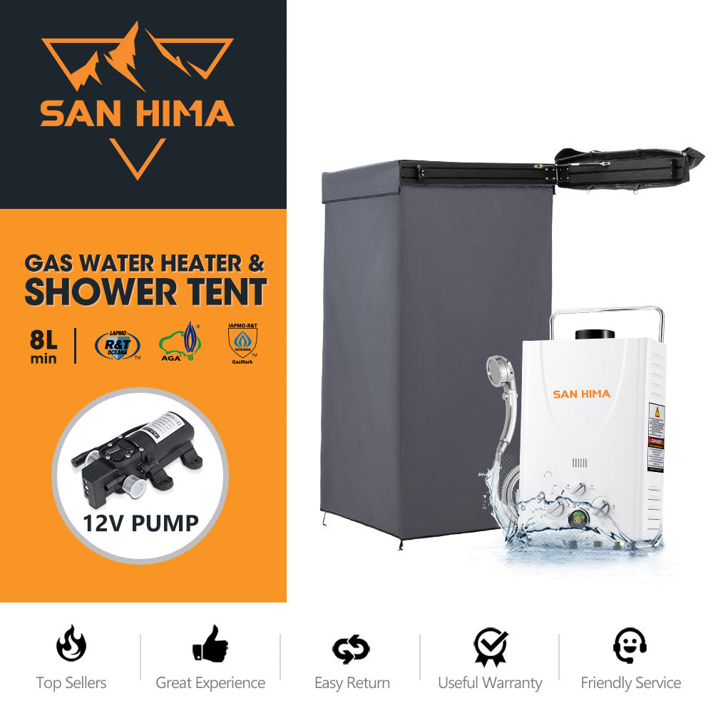 San Hima Shower Awning Tent Instant Fold-Out Ensuite & 8L Gas Hot Water Heater