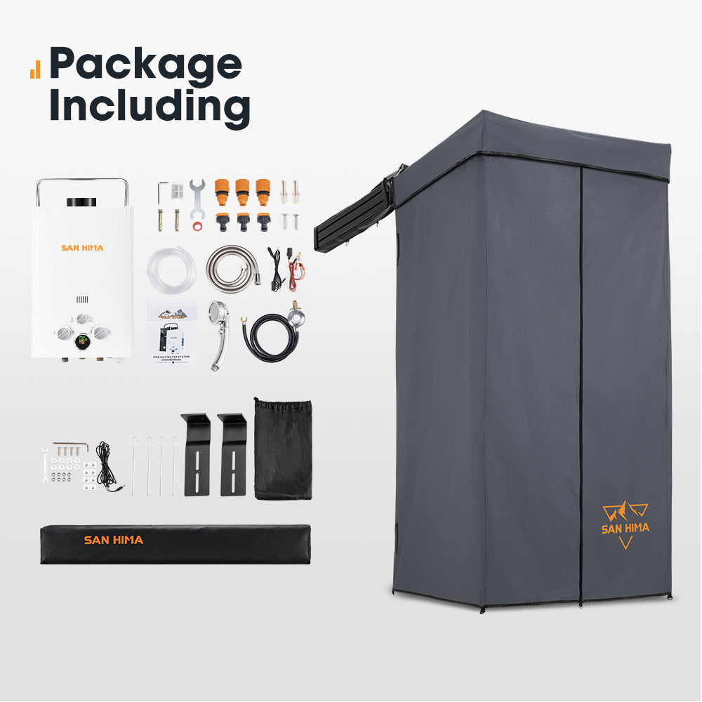 San Hima Shower Awning Tent Instant Fold-Out Ensuite & 8L Gas Hot Water Heater