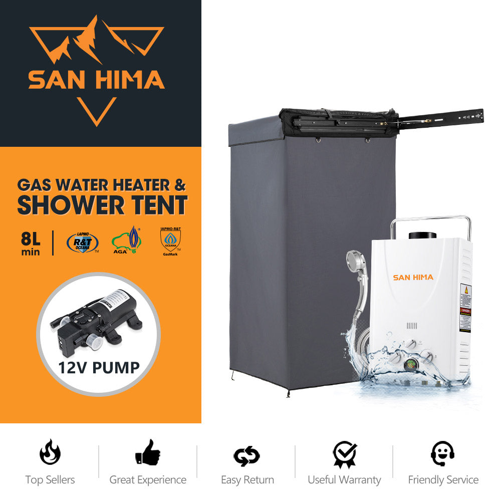 San Hima Shower Awning Tent Instant Fold-Out Ensuite & 8L Gas Hot Water Heater