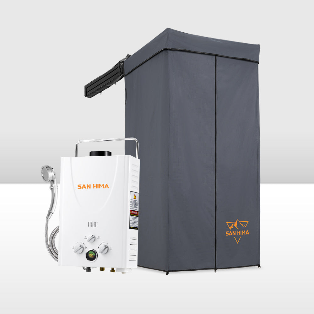 San Hima Shower Awning Tent Instant Fold-Out Ensuite & 8L Gas Hot Water Heater