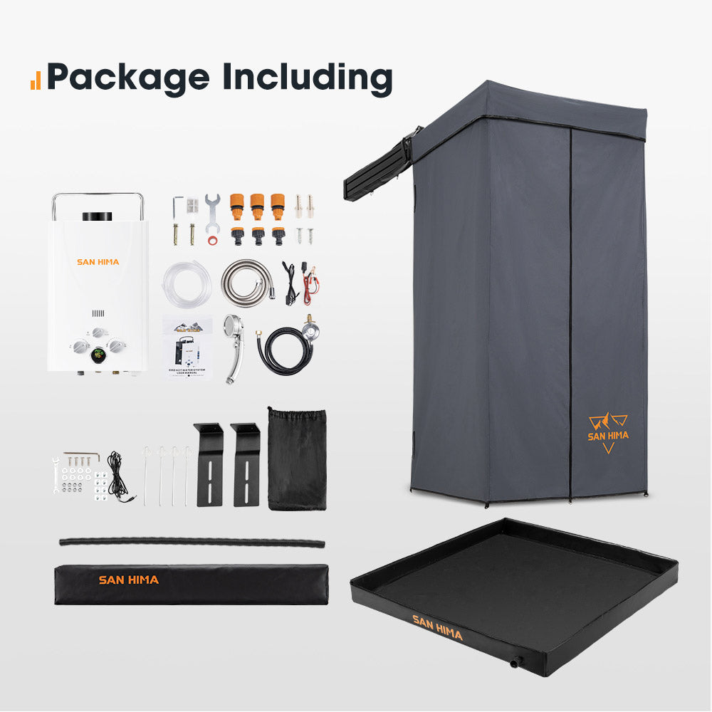 San Hima Shower Awning Instant Tent &Gas Hot Water Heater White&Shower Tent Base