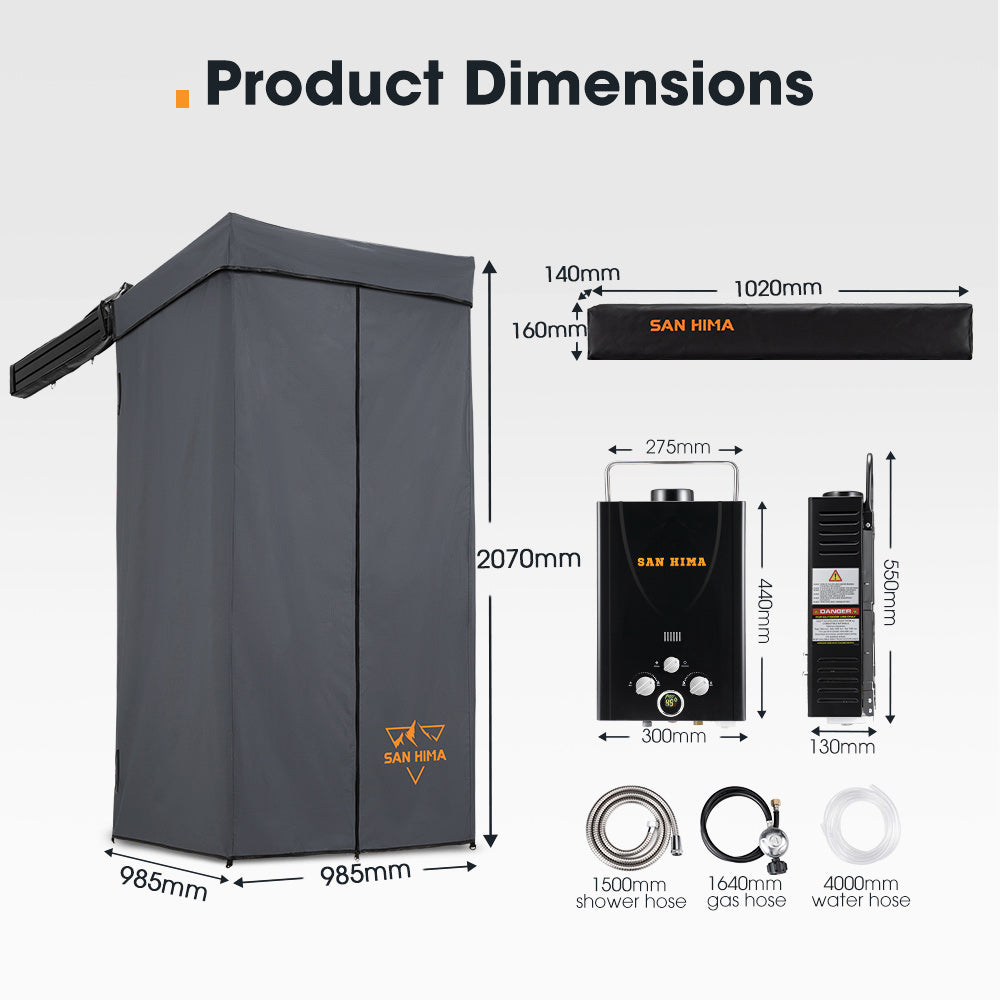 San Hima Shower Awning Tent Instant Ensuite Fold-Out & 8L Gas Hot Water Heater Black