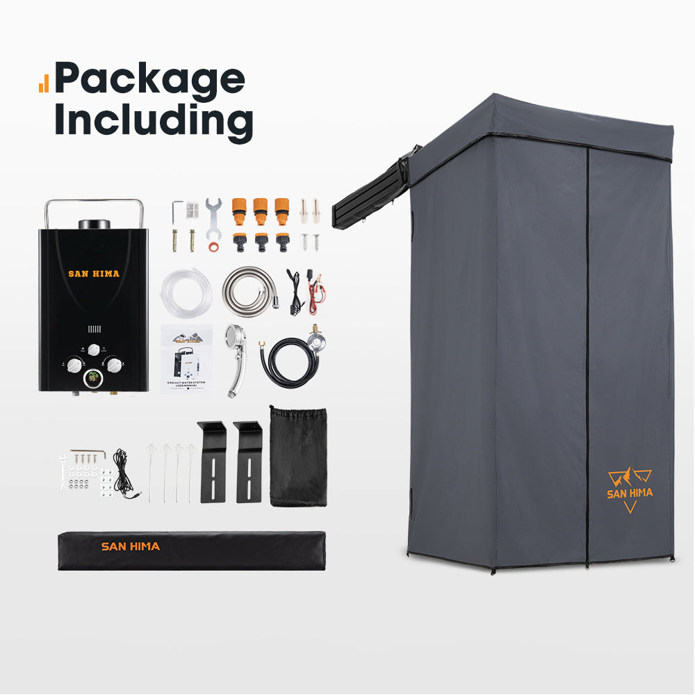 San Hima Shower Awning Tent Instant Ensuite Fold-Out & 8L Gas Hot Water Heater Black
