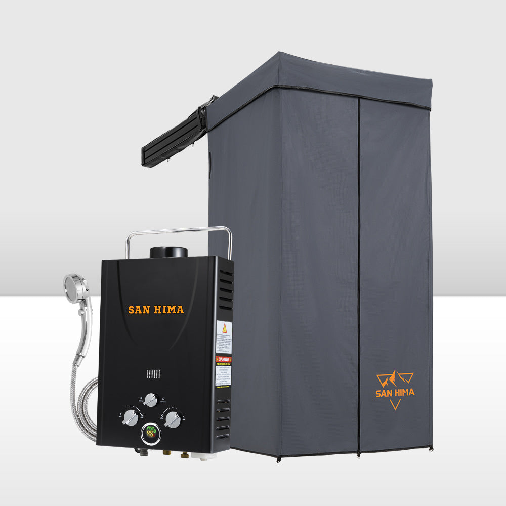 San Hima Shower Awning Tent Instant Ensuite Fold-Out & 8L Gas Hot Water Heater Black