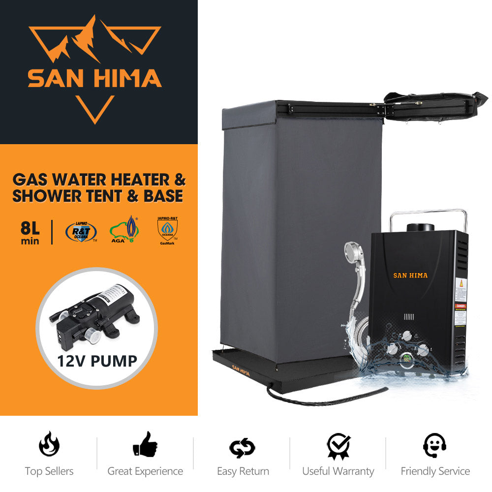 San Hima Shower Awning Instant Tent &Gas Hot Water Heater Black&Shower Tent Base
