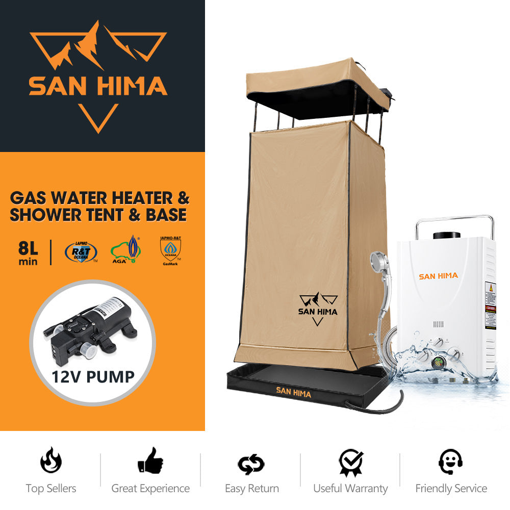 San Hima Camping Shower Tent Brown &Gas Hot Water Heater White &Shower Tent Base