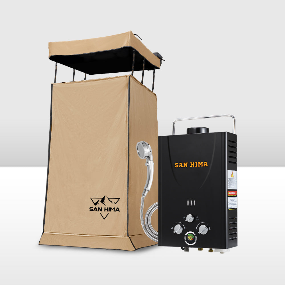 SAN HIMA Camping Shower Tent Awning Instant Fold-Out With 8L Gas Hot Water Heater