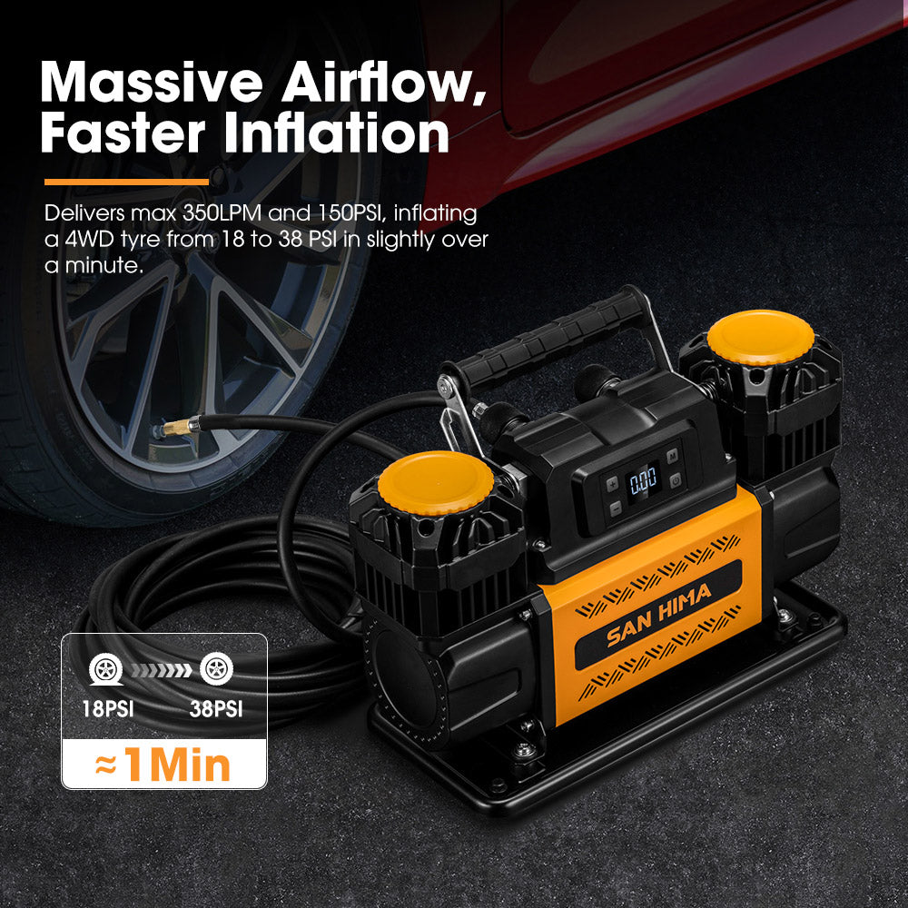 San Hima 12V Dual Cylinders Air Compressor 350L/min 150PSI Portable Digital