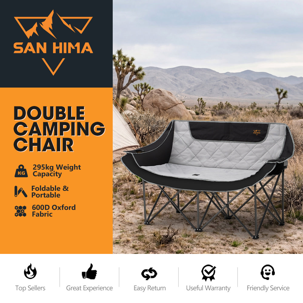 San Hima Double Camping Chair Outdoor Portable Folding Moon Chair 2 Seater Black