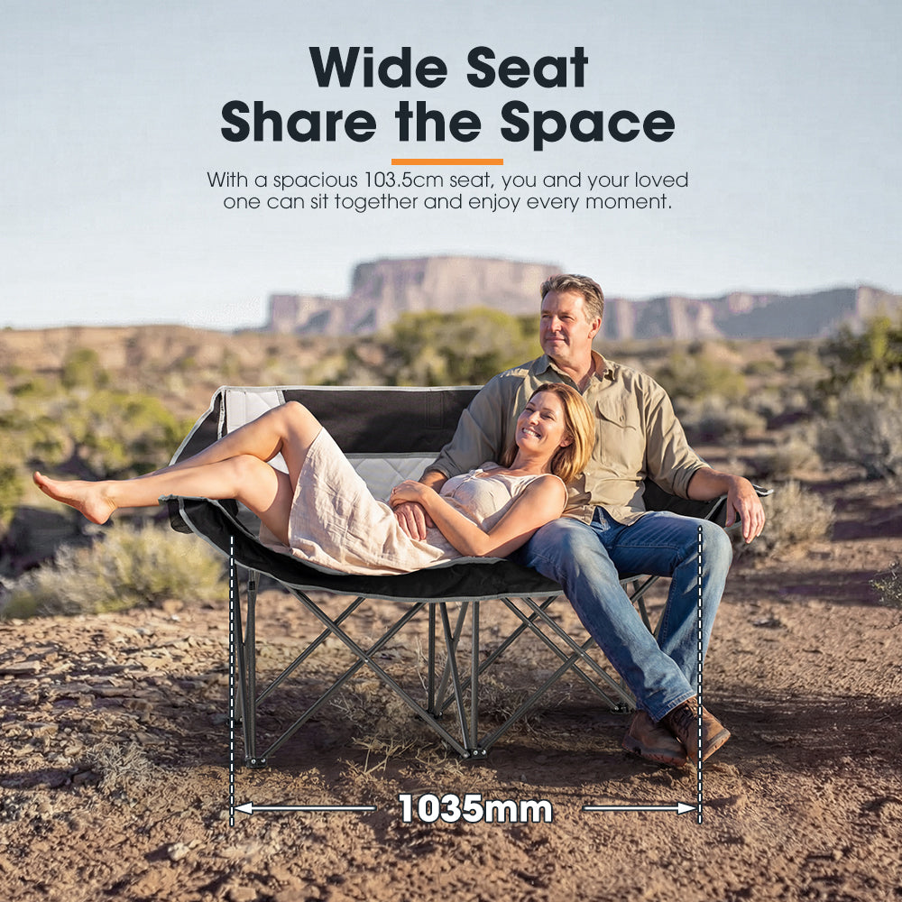 San Hima Double Camping Chair Outdoor Portable Folding Moon Chair 2 Seater Black