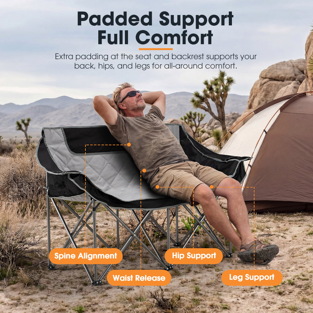 San Hima Double Camping Chair Outdoor Portable Folding Moon Chair 2 Seater Black