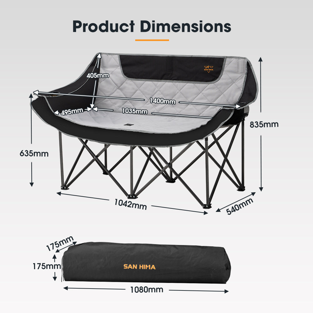 San Hima Double Camping Chair Outdoor Portable Folding Moon Chair 2 Seater Black