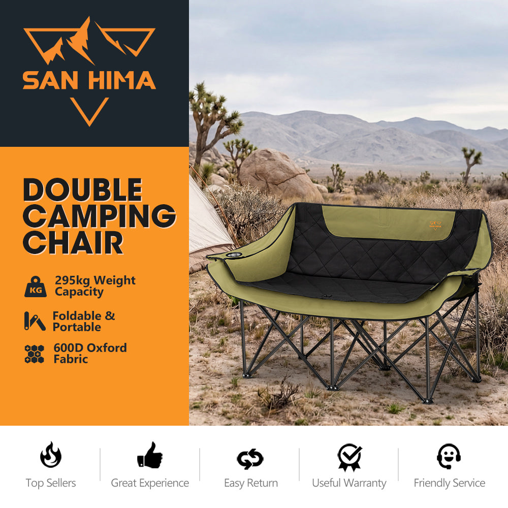 San Hima Double Camping Chair Outdoor Portable Folding Moon Chair 2 Seater Green