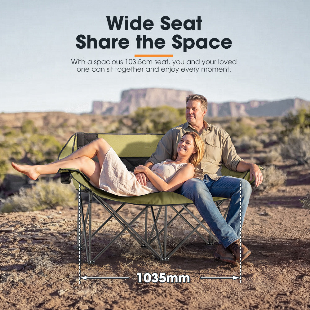 San Hima Double Camping Chair Outdoor Portable Folding Moon Chair 2 Seater Green