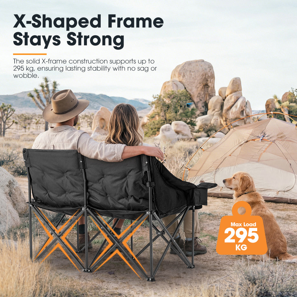 San Hima Double Camping Chair Padded Portable Folding Moon Chair Outdoor Black