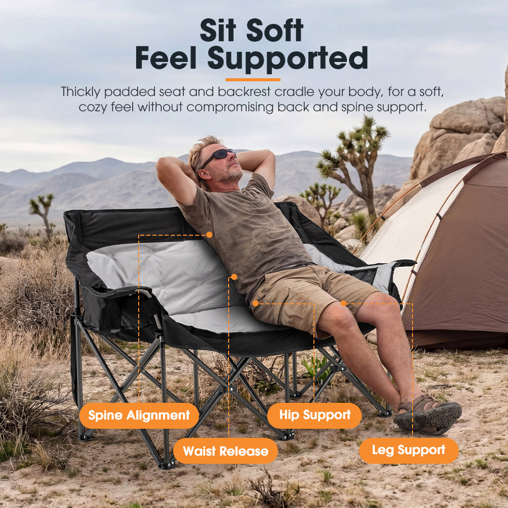 San Hima Double Camping Chair Padded Portable Folding Moon Chair Outdoor Black