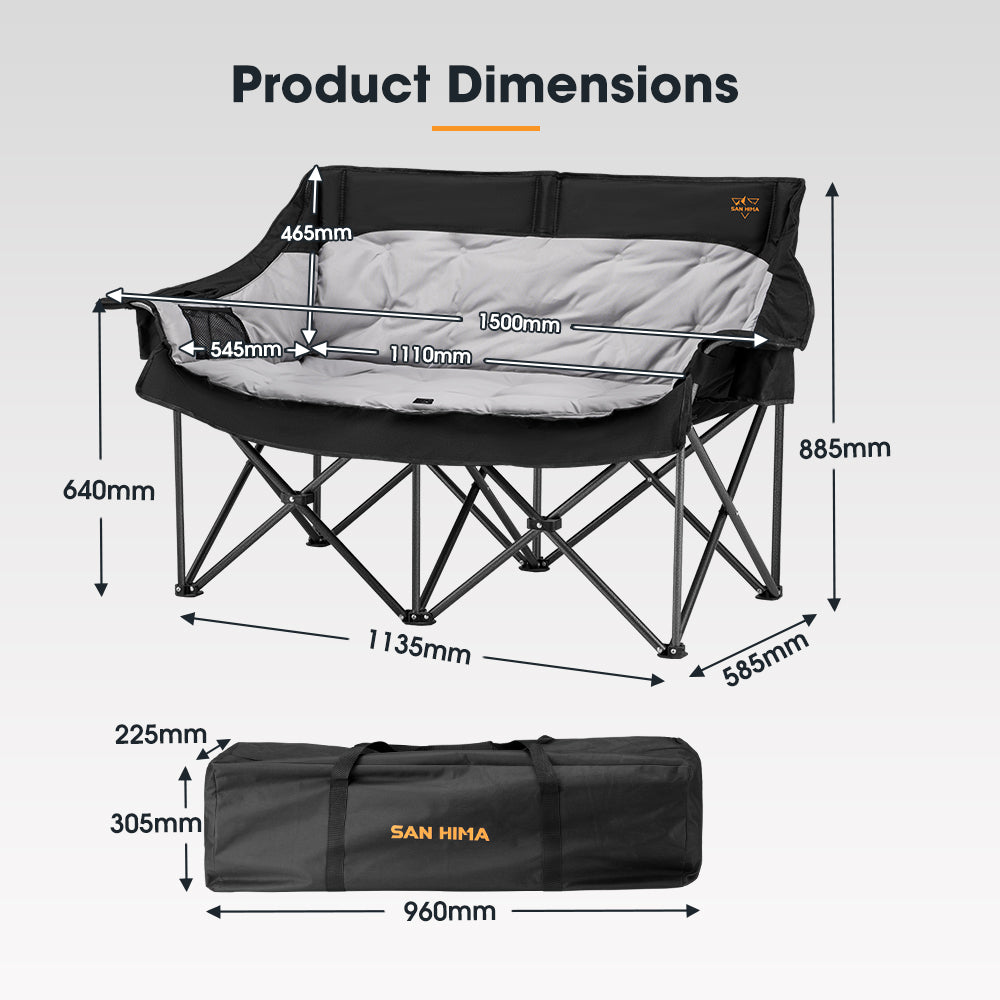 San Hima Double Camping Chair Padded Portable Folding Moon Chair Outdoor Black
