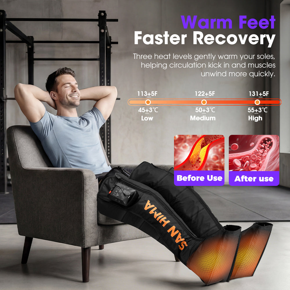 San Hima Air Compression Recovery Boots Cordless Full Leg Massager 3 Foot Heat