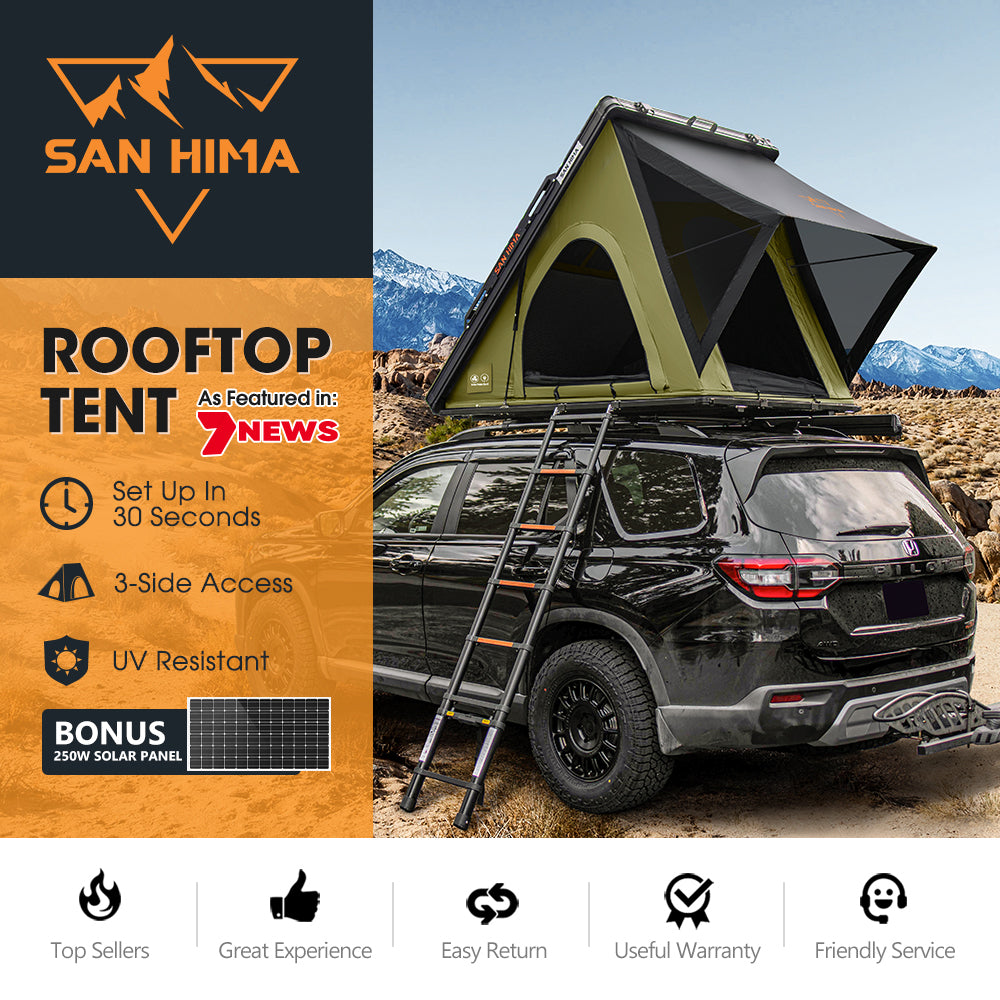 San Hima Kalbarri Lite Gen 2 Rooftop Tent Olive+250W Solar Panel+Ladder&Rack
