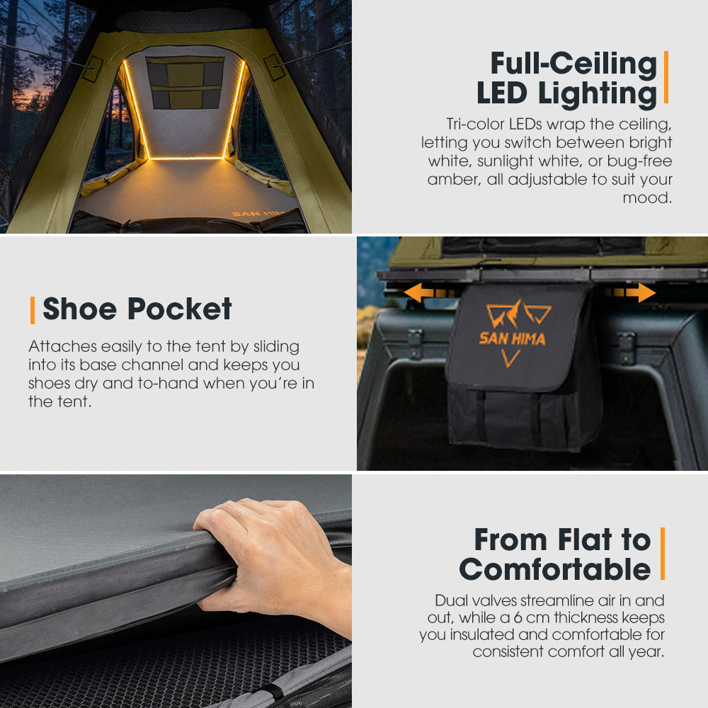 San Hima Kalbarri Lite Gen 2 Rooftop Tent Olive+130W Solar Panel+Ladder&Rack
