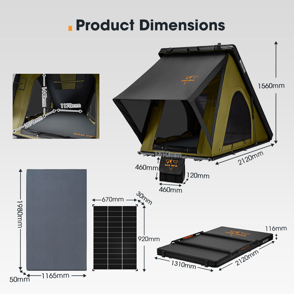 San Hima Kalbarri Lite Gen 2 Rooftop Tent Olive+130W Solar Panel+Ladder&Rack