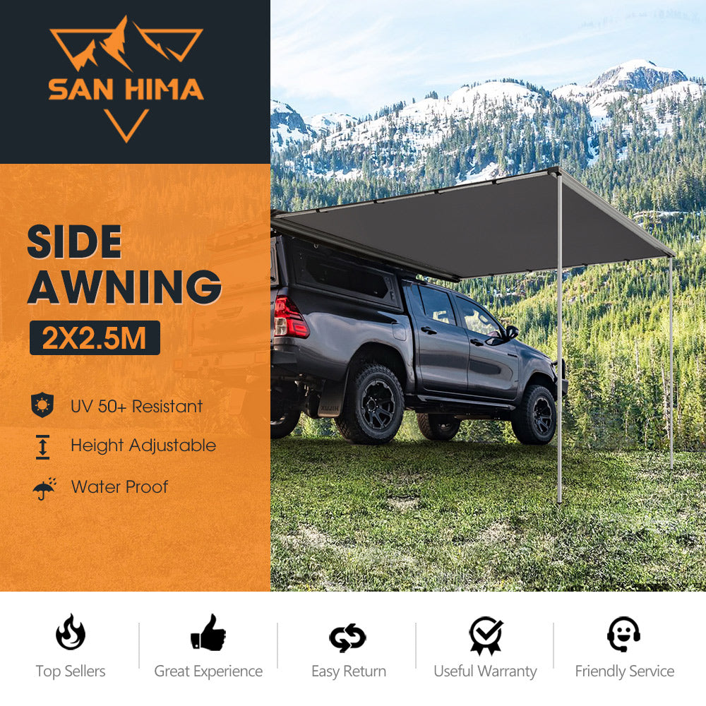 San Hima Car Side Awning 2x2.5m Pull-out Telescoping Poles Waterproof Camping