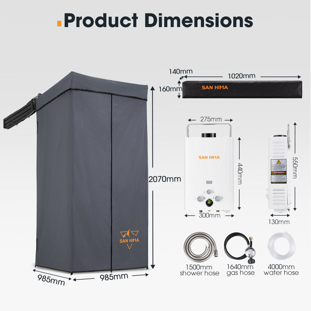 San Hima Shower Awning Tent Instant Fold-Out Ensuite & 8L Gas Hot Water Heater