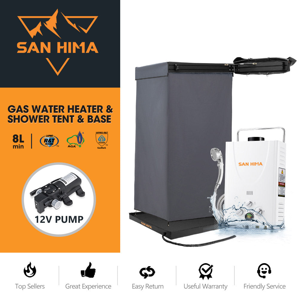 San Hima Shower Awning Instant Tent &Gas Hot Water Heater White&Shower Tent Base