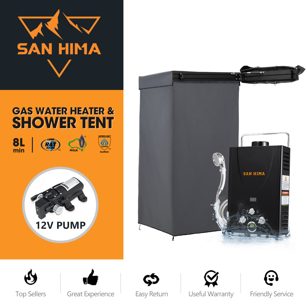 San Hima Shower Awning Tent Instant Ensuite Fold-Out & 8L Gas Hot Water Heater Black
