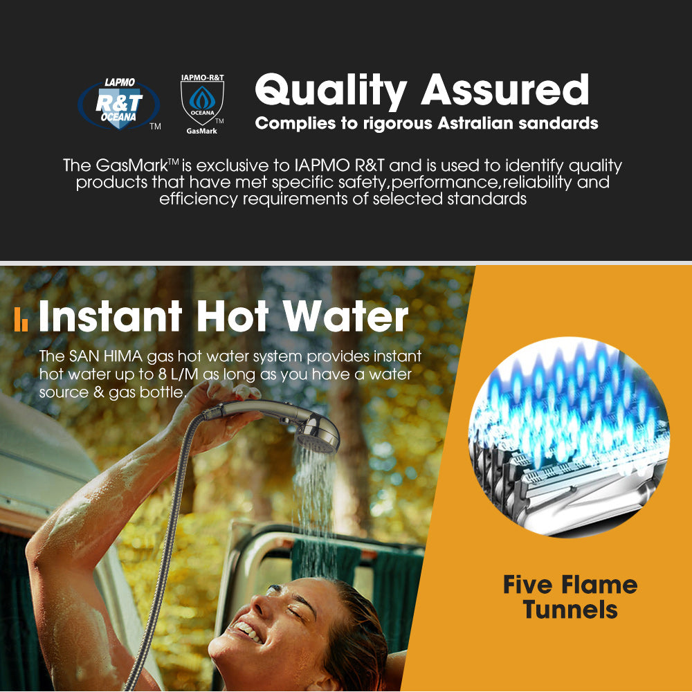 San Hima Shower Awning Tent Instant Ensuite Fold-Out & 8L Gas Hot Water Heater Black