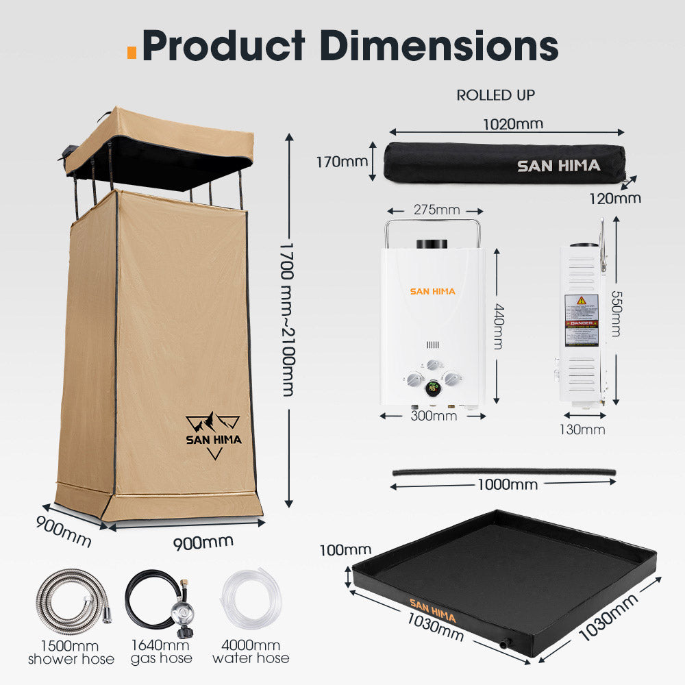 San Hima Camping Shower Tent Brown &Gas Hot Water Heater White &Shower Tent Base