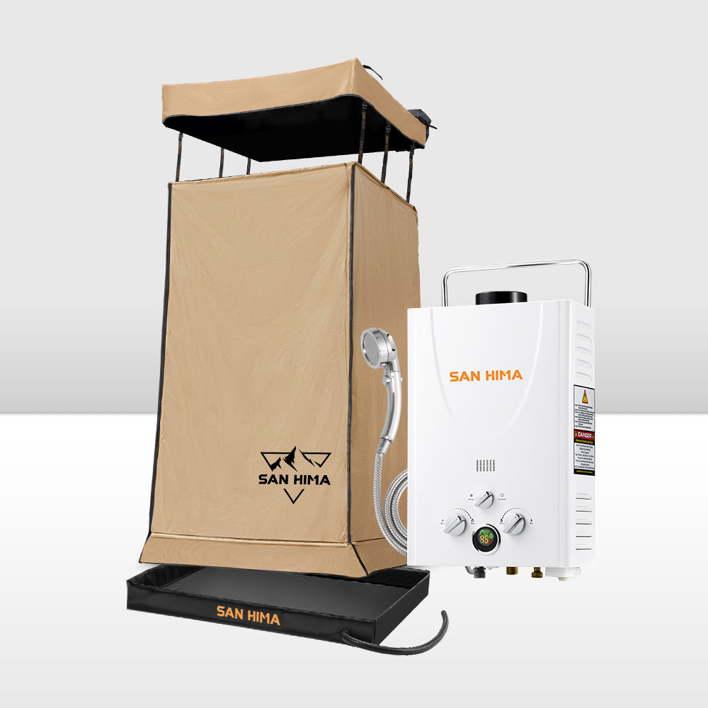 San Hima Camping Shower Tent Brown &Gas Hot Water Heater White &Shower Tent Base